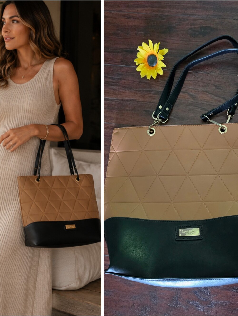 BEBE Unique Two-Tone Tan & Black Quilted Tote Bag
